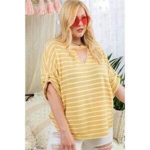 Drop Shoulder Roll Up Short Sleeve Choker Neck Stripe Print Top/ Blouse